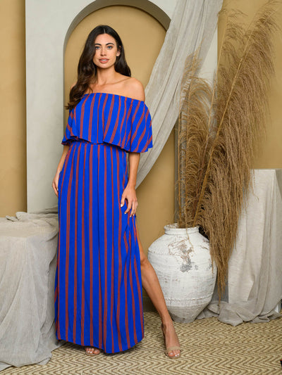 WOMENS OFF SHOULDER STRIPES MAXI DRESS